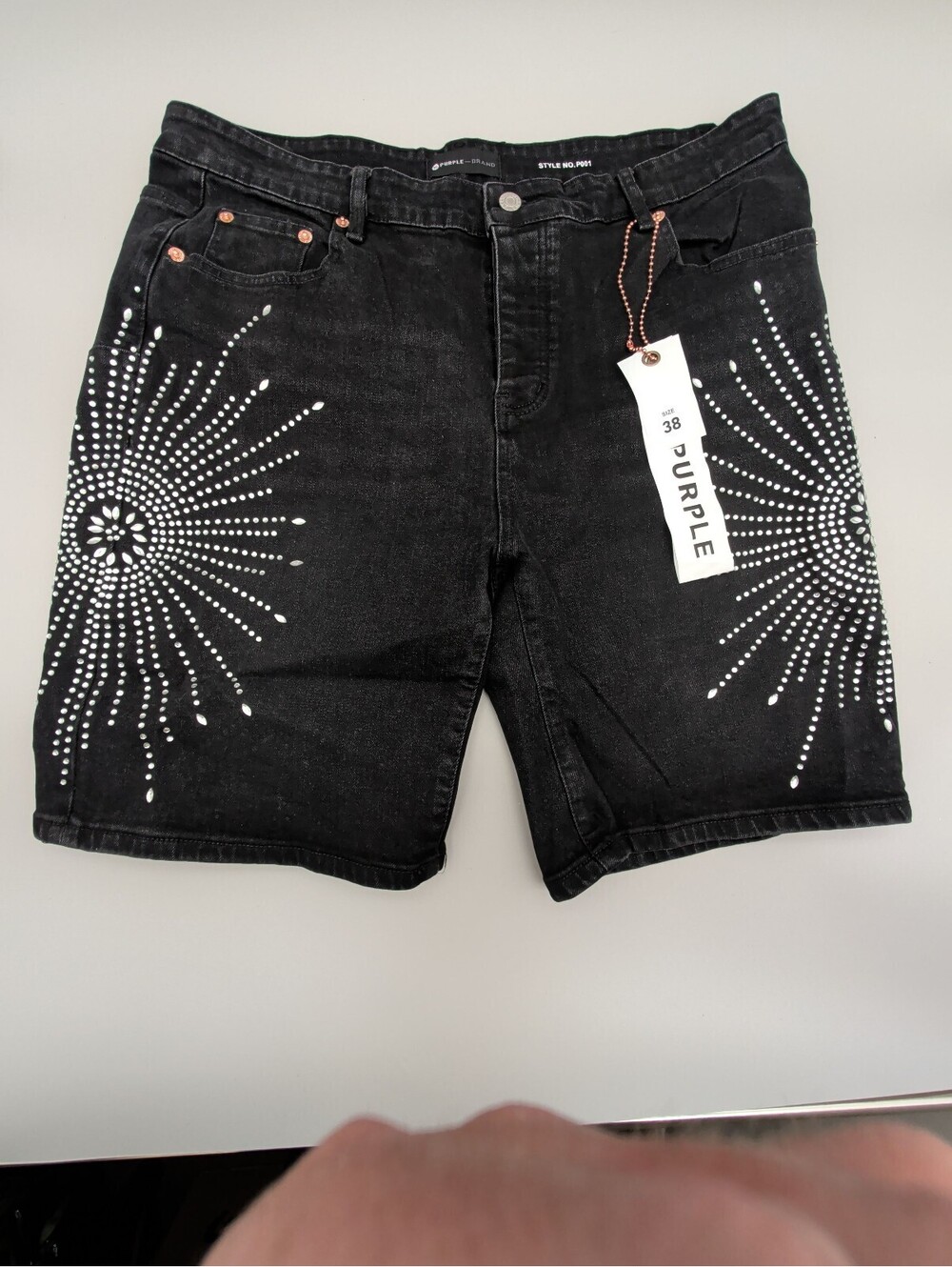Purple Brand Black Denim Shorts with Silver Studded Sunburst Design Size 38 - Picture 2 of 15